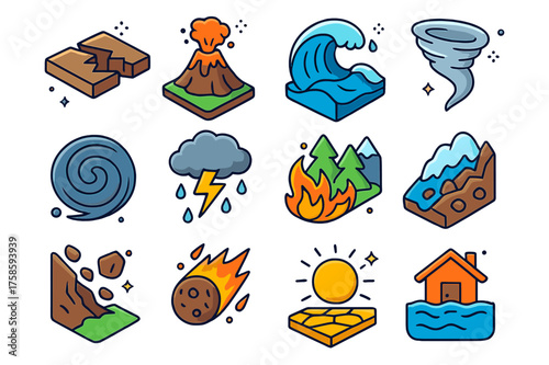Colorful Disaster Icons. Natural disasters. Colorful isometric vector icons set of natural disasters: earthquake crack, volcano eruption, tsunami wave,