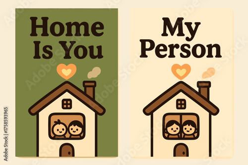 Cozy Home Banners. Home. Two vertical A6 banners, kawaii, olive green and cream backgrounds, cozy house with two tiny figures at the window and a glowing