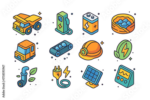Colorful Mining Truck Icons. Colorful isometric vector icons set of electric mining trucks: electric haul truck, charging station, lithium battery, mining pit,