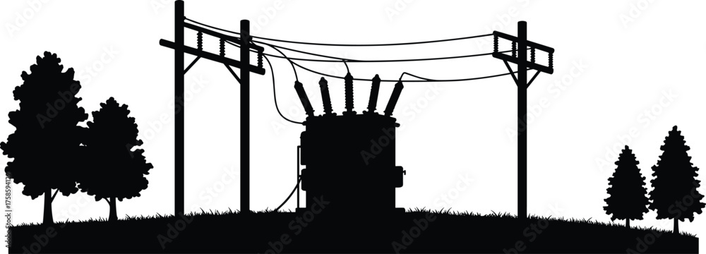 Naklejka premium Silhouette of electrical power transformer station with wooden utility poles, power lines and trees on grassy field, rural energy infrastructure vector illustration