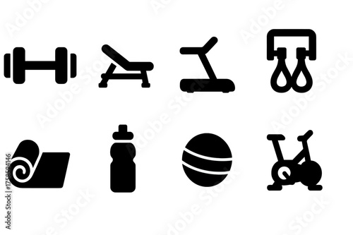 Home Gym Essentials. Home Gym Setup. Filled icon set of Home Gym Setup: dumbbell, bench, treadmill, resistance