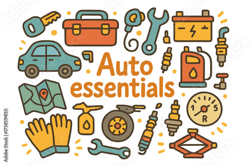 Auto Essentials Doodle. Auto essentials. Hand-drawn doodle illustration of Auto essentials. Car, key, toolbox,