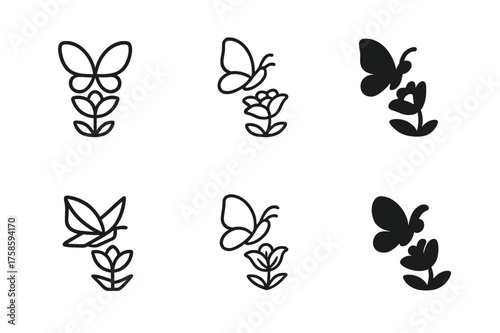 Butterfly Logo Variations. Pollinators. Set Logo of Nature: butterfly landing on flower. harmonious logo variations of the same emblematic concept, each with