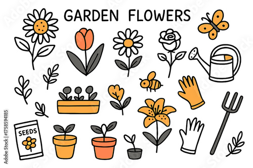 Colorful Garden Doodles. Garden Flowers. Hand-drawn doodle illustration garden flowers blooming tulip (accented), sunflower, daisy (accented), rose, lily