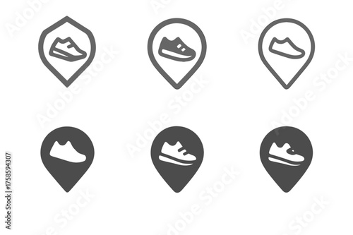 Shoe Locator Logos. Looking for your shoes. Set Logo of Looking for your shoes: Shoe locator app pin. harmonious logo variations of the same emblematic