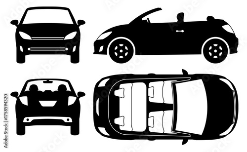 Black and white vector pictograms of a small convertible car shown from four different angles - side, front, rear, and top view. Simple, clean silhouette style for easy use in design projects.