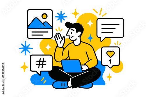 Creative Content Hub. Content creation hub. A character surrounded by floating glowing screens with posts, hashtags, and likes, abstract sparks symbolizing