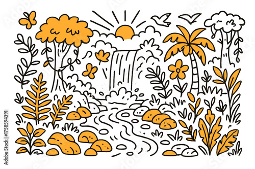 Tropical Stream Doodle. Exotic Stream. Hand-drawn doodle illustration exotic stream waterfall (accented), lush trees, ferns (accented), vines, tropical