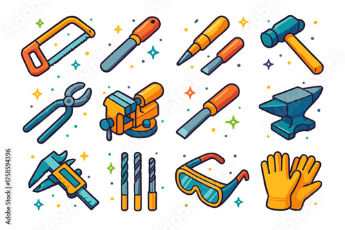 Metalworking Tools Icons. Colorful isometric vector icons set of metalworking hand tools: hacksaw, file, center punch, hammer, tongs, vise, chisel, anvil,