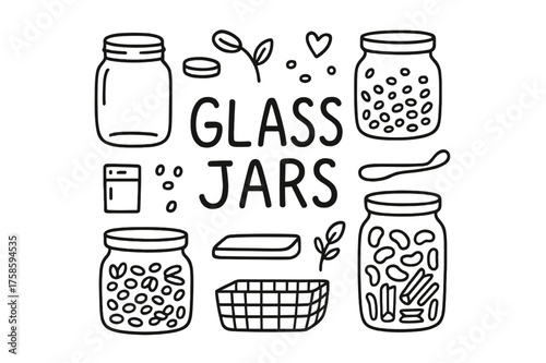 Glass Jars Doodle. Glass Jars. Hand-drawn doodle illustration of Glass Jars. mason jar, lid, grains, beans,