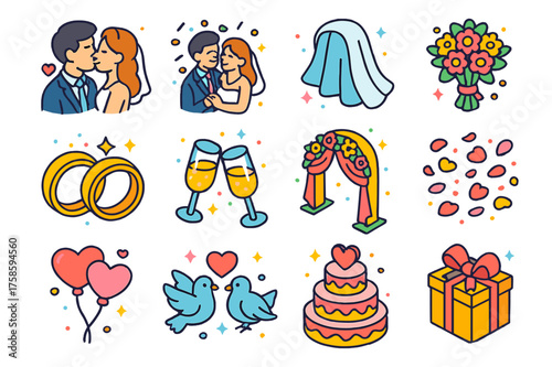 Wedding Icons Extravaganza. Wedding kiss. Colorful isometric vector icons set of wedding kiss: bride and groom kissing, couple under confetti, wedding veil,