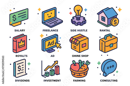 Income Sources Icons. Colorful isometric vector icons set of income sources: salary paycheck, freelancer laptop, side hustle icons, rental house income,
