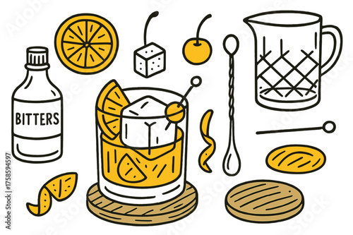 Old Fashioned Essentials. Old fashioned. Hand-drawn doodle illustration old fashioned whiskey glass (accented), large ice cube (accented), orange slice