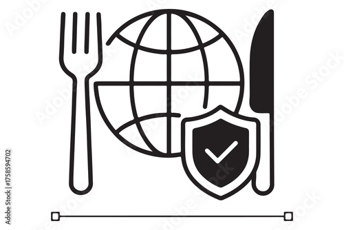 Global food safety concept with fork knife shield and globe isolated on white background