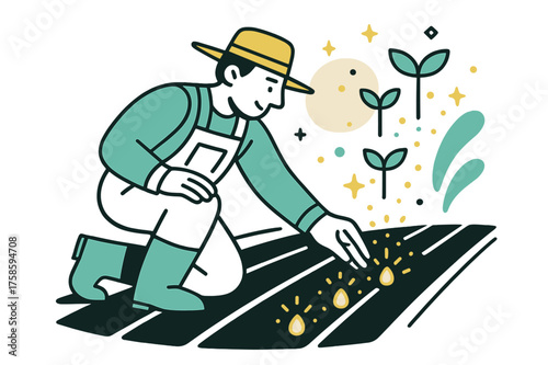 Glowing Seeds Growth. Field planting. A farmer kneeling to plant glowing seeds in rows, abstract sparkles and sprouting icons floating upward showing growth.