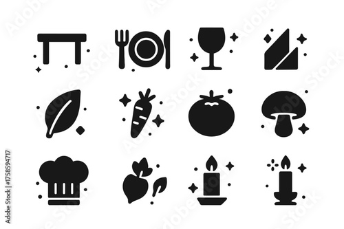 Restaurant Icons Grid. Restaurant Experience. Solid icons set of Restaurant Experience: Table, Plate, Fork, Knife, Wine Glass, Napkin, Leaf, Carrot, Tomato,
