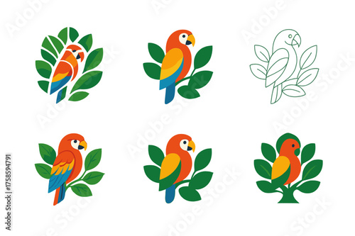 Wild Animal Logos. Wild animals in forests and jungles. Set Logo of Wild animals in forests and jungles: Macaw perched amid canopy leaves. harmonious logo