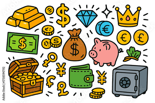Wealth Symbols Doodle. Gold & Money. Colorful Hand-drawn doodle Children illustration Gold & Money gold bars, coins, dollar sign, euro sign, pound sign, yen