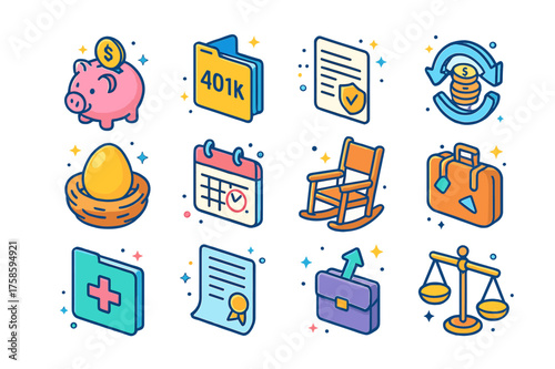 Retirement Planning Icons. Colorful isometric vector icons set of retirement planning: piggy bank, 401k folder, pension plan document, annuity icon, golden