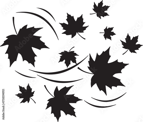 Dynamic black vector silhouette of maple leaves swirling and blowing in the wind, perfect for symbolizing autumn, seasonal change, and motion in graphic design