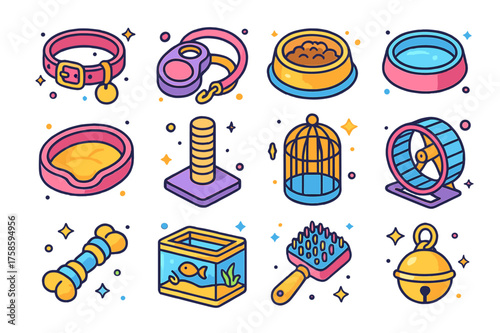 Colorful Pet Accessories. Pet accessories. Colorful isometric vector icons set of pet accessories: collar, leash, food bowl, water dish, pet bed, scratching