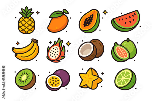 Tropical Fruit Icons. Tropical Fruits. Colorful isometric vector icons set of tropical fruits: pineapple, mango, papaya, watermelon, banana, dragon fruit,