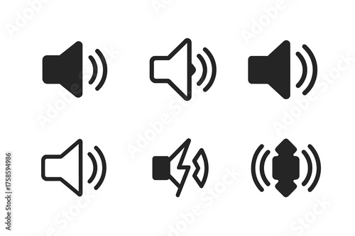 Sound Icon Variations. Sudden loud noise. Set Logo of Sound: speaker with vibration lines icon. harmonious logo variations of the same emblematic concept, each