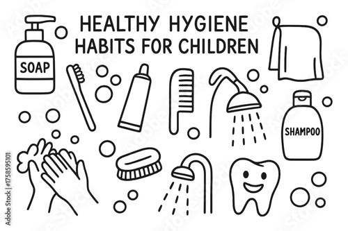 Children's Hygiene Doodles. Healthy hygiene habits for children. Hand-drawn doodle illustration healthy hygiene habits for children soap pump, toothbrush,