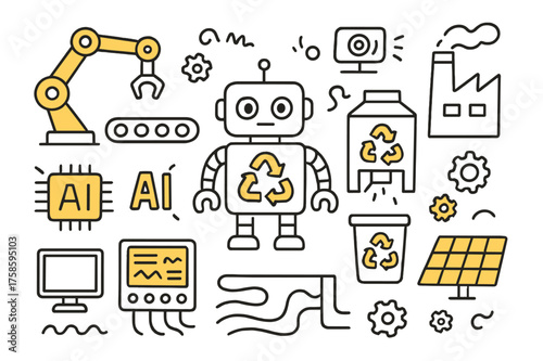 Recycling Robot Factory. Recycling robots. Hand-drawn doodle illustration recycling robot accented, robotic arm accented, conveyor belt, AI chip accented,