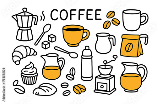 Coffee Essentials Doodle. Coffee. Hand-drawn doodle illustration coffee coffee cup (accented), espresso maker, coffee beans (accented), mug, takeaway cup
