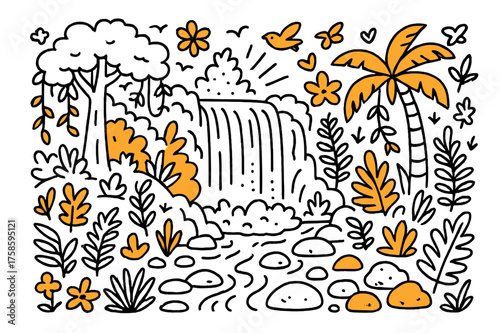 Exotic Waterfall Scene. Exotic Waterfall. Hand-drawn doodle illustration exotic waterfall waterfall (accented), lush trees, ferns (accented), vines, tropical
