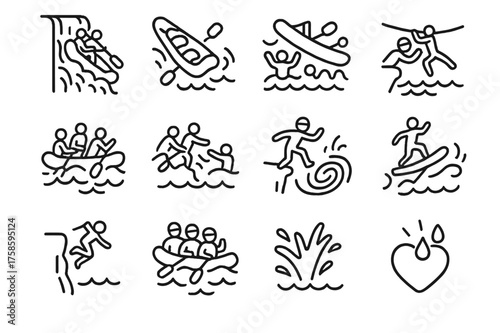 Extreme Rafting Icons. Extreme rafting. Line icon set of Extreme rafting: steep waterfall, big rapid, overturned raft, paddlers in waves, rescue in action,