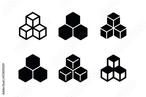 Stacked Blocks Logos. Order. Set Logo of Conceptual design: stacked blocks icon. harmonious logo variations of the same emblematic concept, each with different