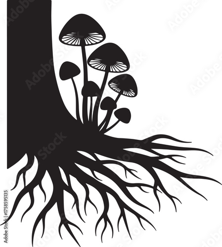 Bold black vector silhouette of a tree trunk base with exposed roots and a cluster of mushrooms growing, symbolizing the forest floor, organic growth, and the fungal network of nature