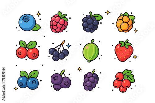 Colorful Berry Icons. Wild berries. Colorful isometric vector icons set of wild berries: blueberry, raspberry, blackberry, cloudberry, lingonberry, elderberry,