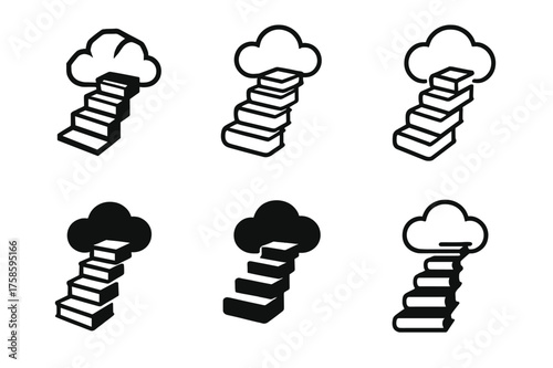 Dream Realization Logos. Dream realization. Set Logo of Dream realization: Stairway of books leading up to a cloud. harmonious logo variations of the same