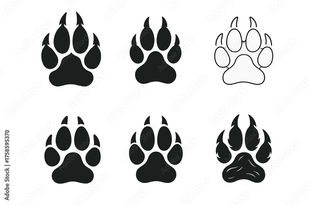 Fototapeta premium Werewolf Paw Emblem Variations. Werewolves. Set Logo of Werewolves: Wolf Paw Print. harmonious logo variations of the same emblematic concept, each with
