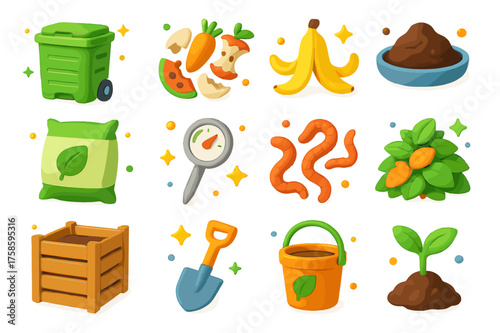 3D Composting Icons. 3D icons set of composting and organic waste management: compost bin, kitchen scraps, banana peel, coffee grounds, garden soil bag,