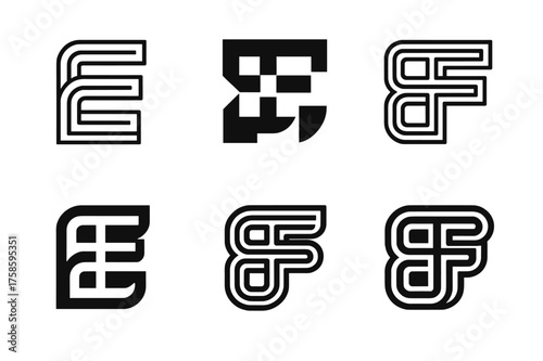 Creative Font Logos. Experimental Fonts. Set Logo of Experimental Fonts: Layered Outline Typeface. harmonious logo variations of the same emblematic concept,
