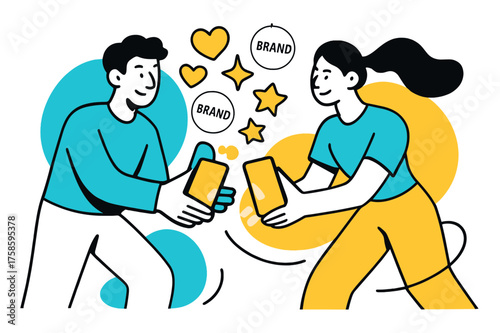 Influencer Phone Exchange. Influencer collaboration. Two characters exchanging glowing phones with floating like hearts, stars, and brand logos between them.