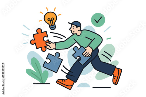 Dynamic Problem Solving. Problem Solving. A worker quickly swapping puzzle pieces while glowing solution icons appear above their head. Fast adaptation shown