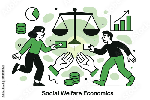 Equitable Resource Exchange. Social Welfare Economics. A balanced scale glows between people exchanging