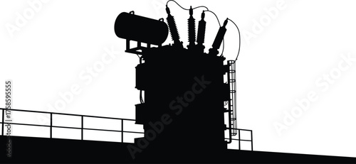 Silhouette of high voltage power transformer on platform with insulators and cables, industrial electricity equipment vector illustration, energy distribution and infrastructure concept