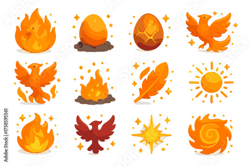 Phoenix Rebirth Icons. Phoenix rebirth cycle. 3D icons set of phoenix rebirth cycle: phoenix in flames, egg in ashes, glowing cracks, bird emerging, full fiery