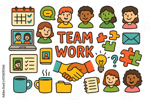 Colorful Teamwork Doodles. Teamwork. Colorful Hand-drawn doodle Children illustration People icons, chat bubbles, video call, shared screen,