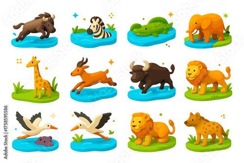 Savanna Animal Icons. Savanna animals at river crossing. 3D icons set of savanna animals at river crossing: wildebeest jumping in, zebra swimming, crocodile