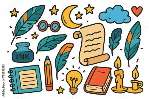 Creative Writing Icons. Creative Writing. Colorful Hand-drawn doodle Children illustration Quill, scroll, book, candle, ink bottle, feather, stars, moon,