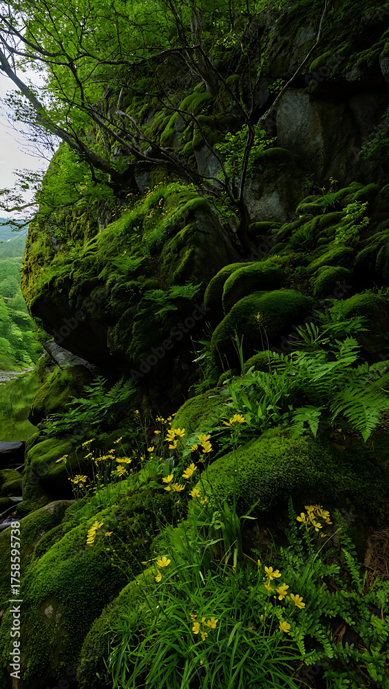 Obraz premium Lush green moss covered rocks in a forest with wildflowers and ferns a peaceful woodland scene