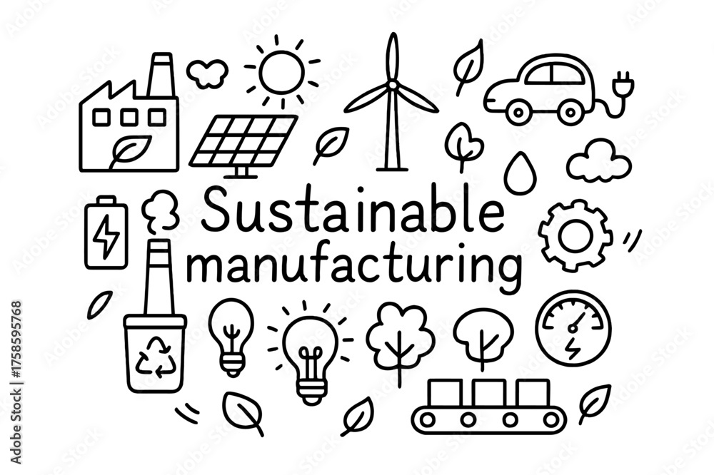 Naklejka premium Sustainable Manufacturing Doodle. Sustainable manufacturing. Hand-drawn doodle illustration of Sustainable