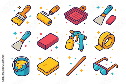Painting Tools Icons. Colorful isometric vector icons set of painting and finishing tools: paintbrush, roller, paint tray, scraper, putty knife, sanding block,